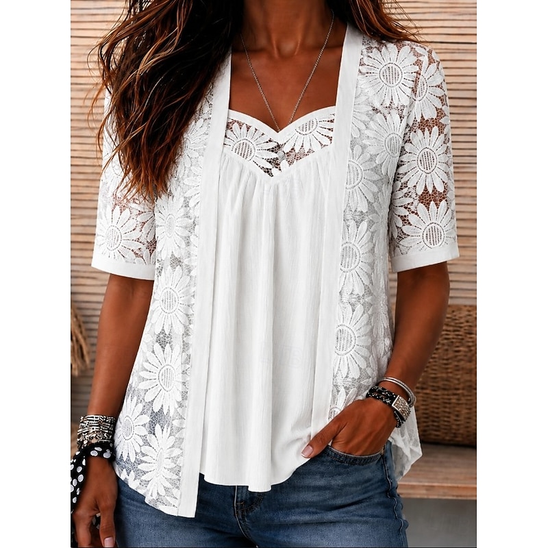 Women's Shirt Eyelet Top Boho Shirt Lace Shirt Lace Ombre Floral Graphic Elegant Bohemia Vacation Short Sleeve V Neck Crop Tops Casual White Summer Sp