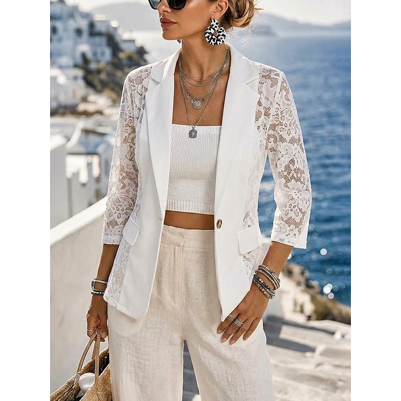 Women's Lace Splicing Top Blazer Buttons Illusion Lace Elegant 3/4 Length Sleeve Turndown Regular Tops Casual White Black Summer Spring Fall 2026 - $3