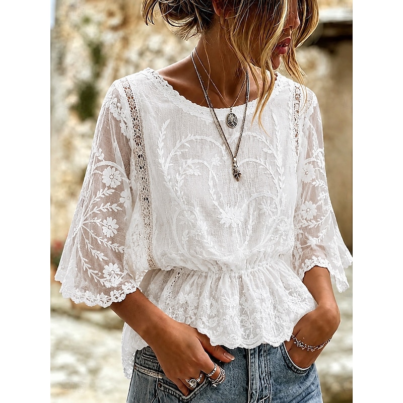 Women's Shirt Lace Shirt Blouse Lace Embroidered Solid Color Floral Graphic Elegant Stylish Casual Half Sleeve Batwing Sleeve Crew Neck Regular Tops C