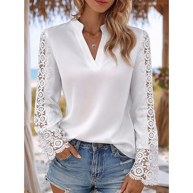 Women's Blouse Lace Solid Color Elegant Stylish Basic Long Sleeve V Neck Regular Tops Daily White Summer Spring Fall 2026 - $29.99
