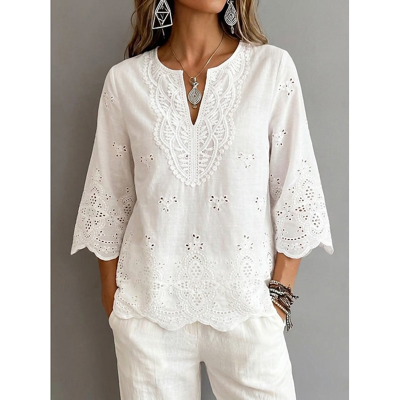 Women's Eyelet Top Blouse Lace Tops Lace Hollow Out Plain Stylish Modern 3/4 Length Sleeve V Neck Long Tops Casual Daily Holiday White Summer Spring 2
