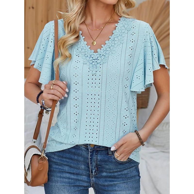 Women's Pointelle Shirt Eyelet Top Lace Shirt Lace Short Sleeve Flutter Sleeve Crew Neck Casual Daily Beach Blue Black White Pink Summer 2026 - $23.99