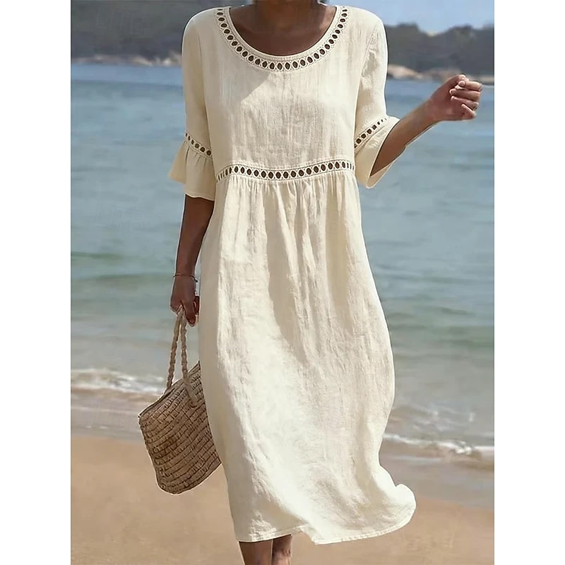 Women's Midi Dress Linen-feel Dresses Shift Dress Summer Dress Classic Casual Daily Loose Fit Plain Short Sleeve Crew Neck Blue Yellow Green Beige Sum