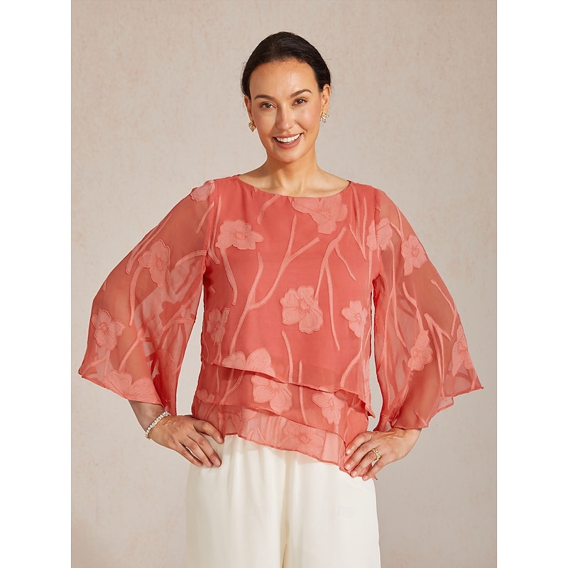Women's Chiffon Tops Elegant Crew Neck Coral Red Summer Spring Fall 2026 - $41.99