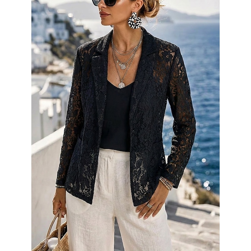 Women's Blazer Lace Tops Patchwork Illusion Lace Elegant Long Sleeve Casual Daily White Black Summer Spring Fall 2026 - $36.99
