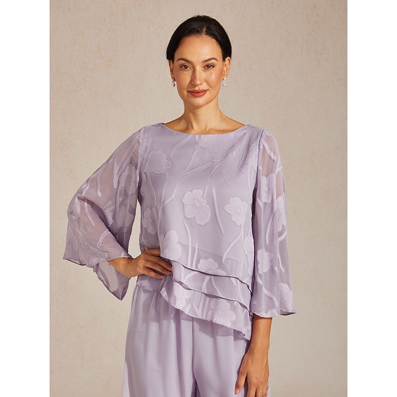Women's Lace Shirt Blouse Dressy Tops Chiffon Tops Asymmetric Hem Solid Color Floral Elegant Stylish Casual 3/4 Length Sleeve Bell Sleeve Boat Neck Da
