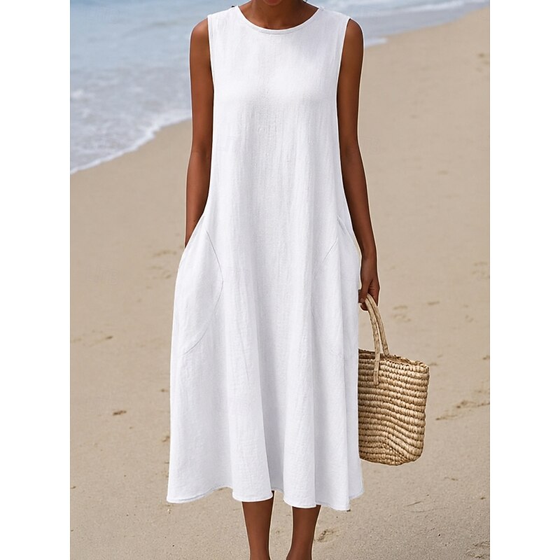 Women's Midi Dress Sleeveless Pockets Casual A-Line Silhouette Round Neckline White Summer Versatile Regular Fit Comfortable Lightweight Breathable Cl