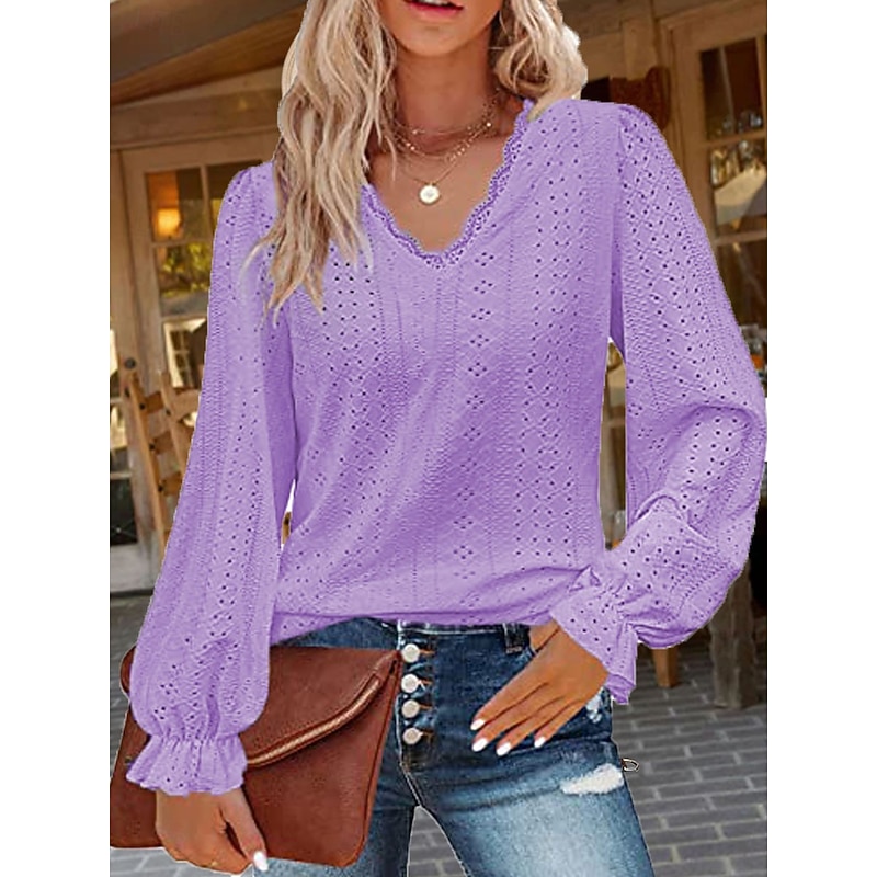 Women's White Elegant Lace Tops Eyelet Blouse Stylish Solid Color Eyelet Puff Sleeve Long Sleeve Regular Tops V Neck Daily Romantic Petite Tops Summer