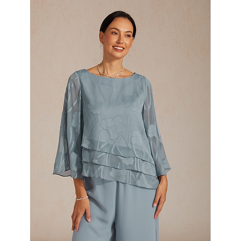 Women's Lace Shirt Blouse Dressy Tops Chiffon Tops Asymmetric Hem Solid Color Floral Elegant Stylish 3/4 Length Sleeve Bell Sleeve Boat Neck Regular T