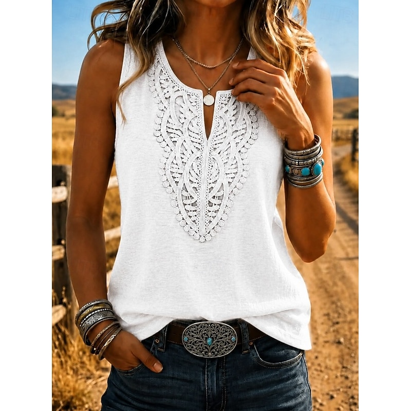 Women's Tank Top Lace Plain Elegant Vintage Stylish Sleeveless V Neck Regular Tops Casual Daily Blue White Pink Red Navy Blue Summer Spring 2026 - $25
