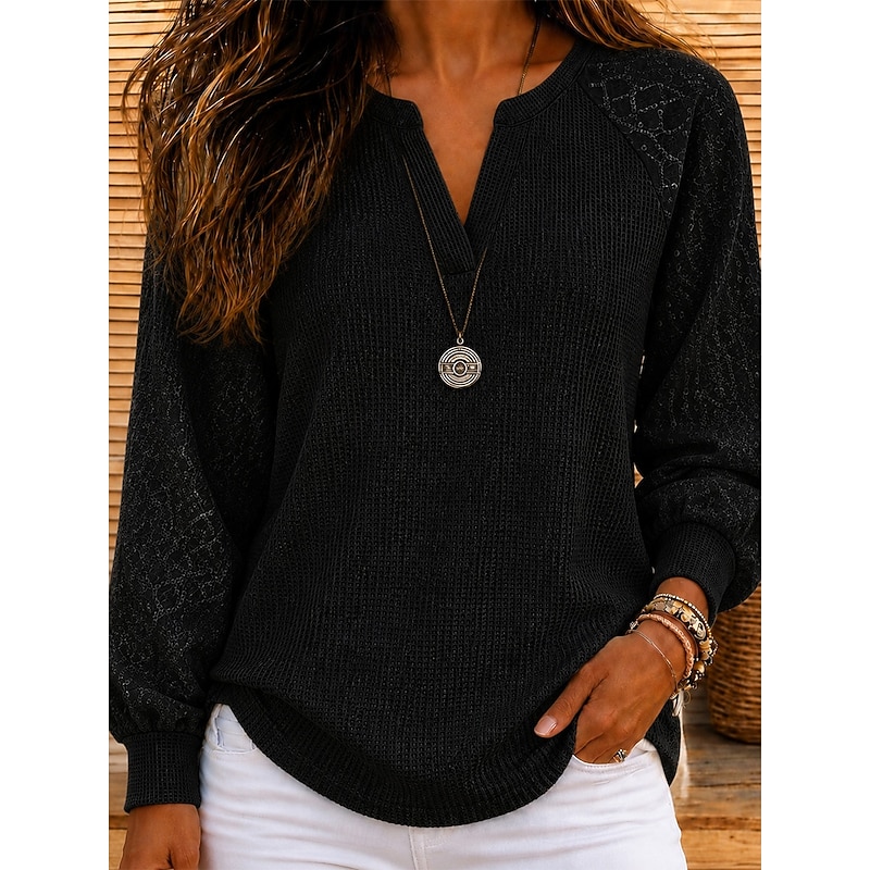 Women's Waffle Shirt Lace Shirt Patchwork Solid Color Plain Elegant Bohemia Fashion Long Sleeve Bishop Sleeve V Neck Regular Tops Casual Daily Streetw