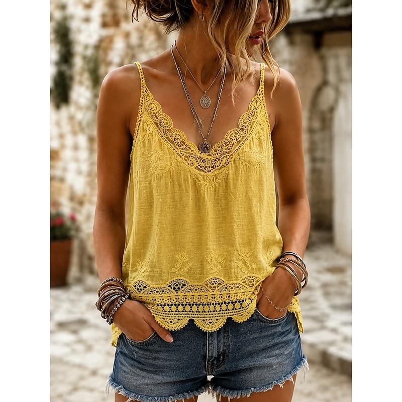 Women's Lace Splicing Top Summer Tops Cami Top Jacquard Lace Trim Illusion Lace Elegant Bohemia Active Sleeveless V Neck Regular Tops Casual White Yel