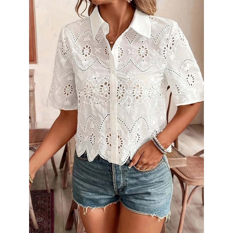 Women's Shirt Lace Shirt Blouse Hollow Out Plain Basic Classic Modern Short Sleeve Shirt Collar Regular Tops Daily Holiday Going out White Summer Spri