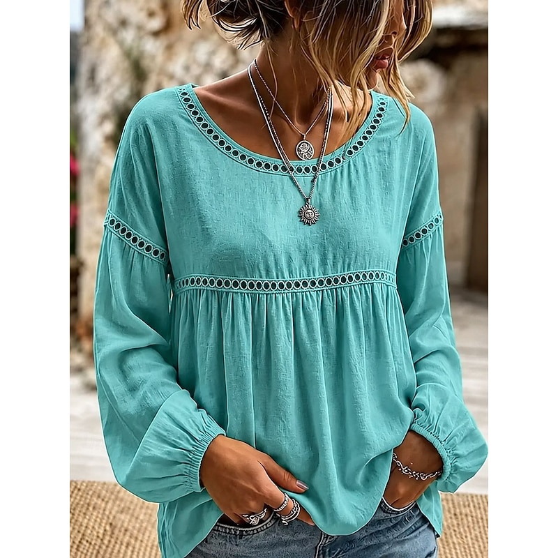 Women's Eyelet Top Ruched Patchwork Lace Trim Solid Color Elegant Vintage Long Sleeve Crew Neck Casual White Wine Red Lake Green Pink Sky Blue Fall 20