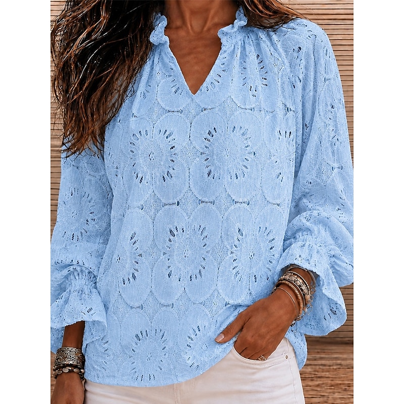 Women's Eyelet Top Lace Tops Lace Patchwork Buttons Floral Elegant Bohemia Active Long Sleeve Bishop Sleeve V Neck Long Tops Casual Blue White Black P