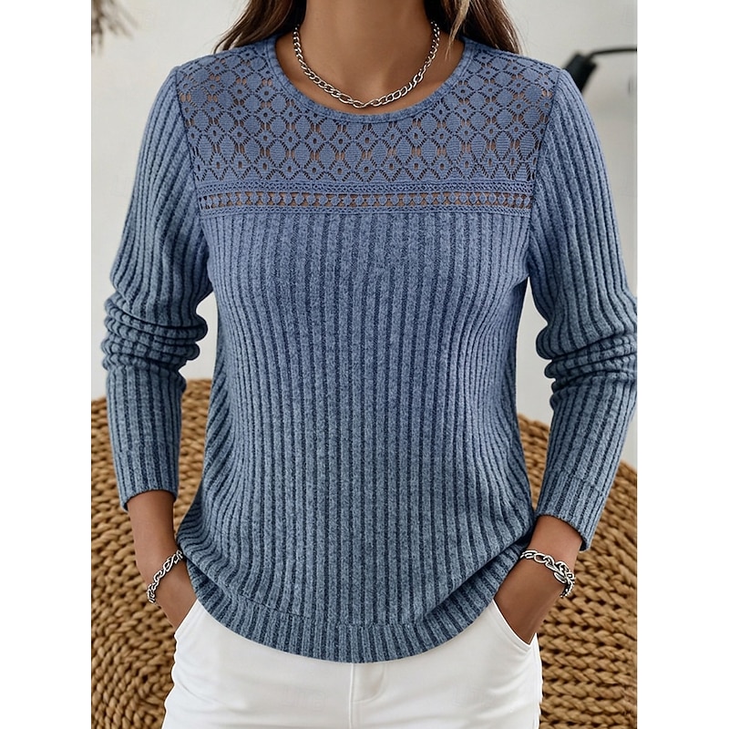 Women's Lace Splicing Top Texture Eyelet Elegant Long Sleeve Crew Neck Long Tops Casual Blue Black Purple Brown Green Summer Fall 2026 - $21.99