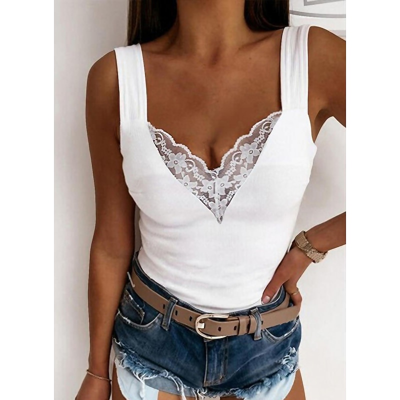 Women's Camisole Tank Top Going Out Tops Camis Concert Tops Black White Blue Plain Patchwork Lace Trims Sleeveless Party Daily Basic Sexy Sweetheart R