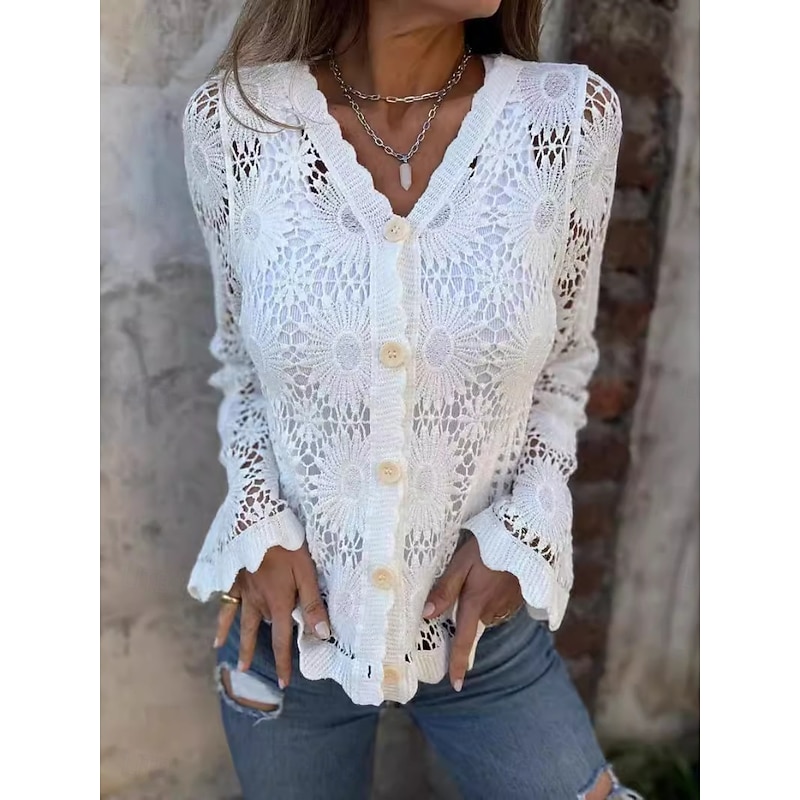 Women's Blouse Lace Patchwork Solid Color Stylish Casual Long Sleeve V Neck Regular Tops Daily Black White Beige Summer Spring 2026 - $35.99