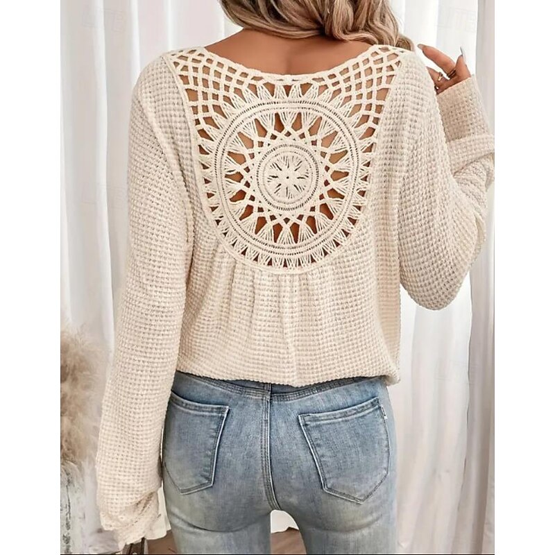 Women's Boho Shirt Blouse Eyelet Solid Color Plain Stylish Casual Long Sleeve Crew Neck Daily Blue Grass Green Pink Beige Summer Spring Fall 2026 - $3