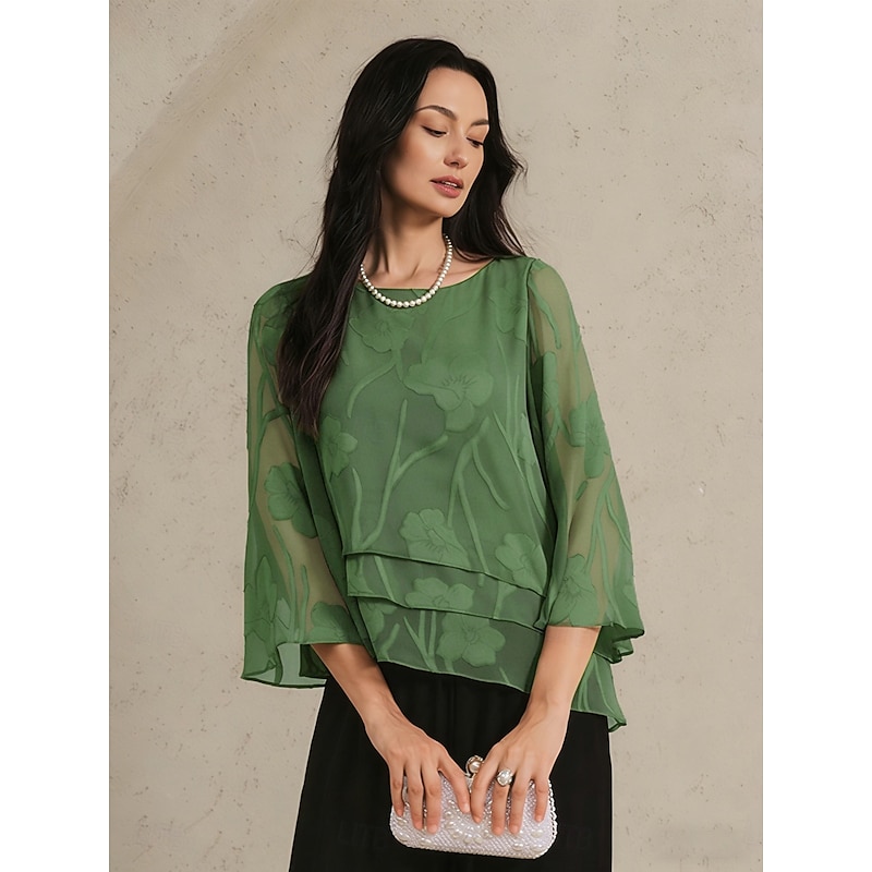 Women's Lace Shirt Blouse Dressy Tops Chiffon Tops Solid Color Elegant Stylish Basic 3/4 Length Sleeve Bell Sleeve Boat Neck Regular Tops Daily Work W