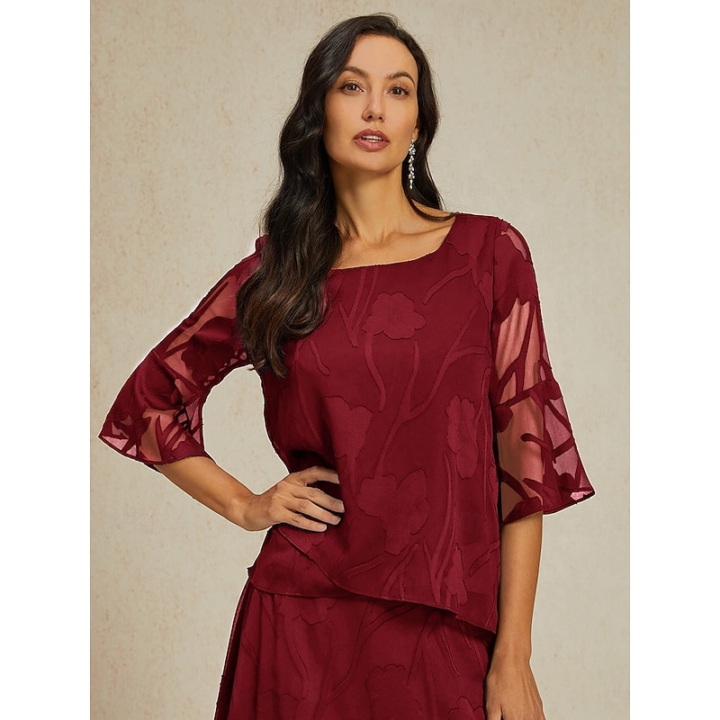 Women's Lace Shirt Blouse Dressy Tops Chiffon Tops Asymmetric Hem Solid Color Floral Flower Elegant Stylish 3/4 Length Sleeve Bell Sleeve Boat Neck Re