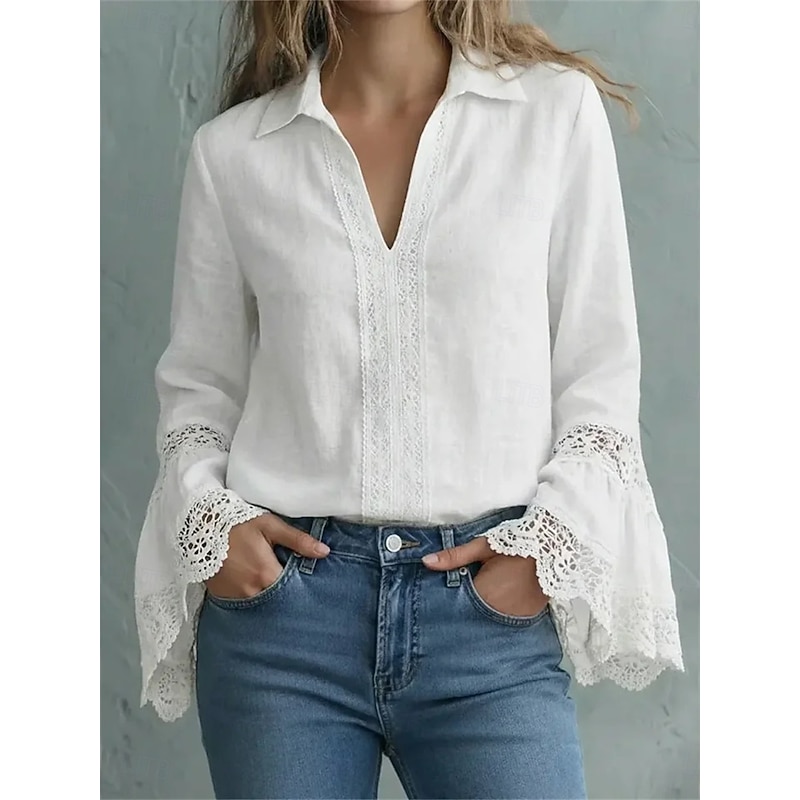 Women's Blouse Dressy Tops Lace Tops Ruched Lace Patchwork Solid Color Plain Elegant Ladies Stylish Long Sleeve V Neck Regular Tops Daily Work Holiday