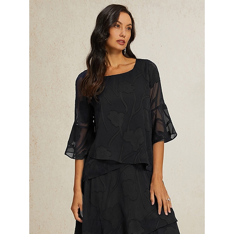 Women's Lace Shirt Blouse Dressy Tops Chiffon Tops Cut Out Asymmetric Hem Solid Color Floral Elegant Stylish Basic 3/4 Length Sleeve Bell Sleeve Boat