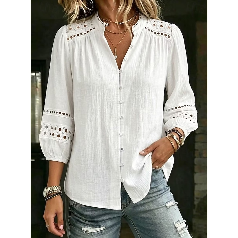 Women's Shirt Eyelet Top Lace Trim Elegant Bohemia Vacation 3/4 Sleeve Mandarin Collar Regular Tops Casual Daily Holiday White Summer Spring 2026 - $3