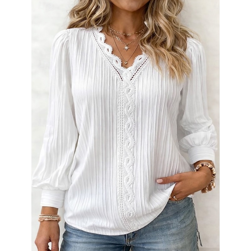 Women's Shirt Lace Patchwork Solid Color Elegant Stylish Casual Long Sleeve V Neck Regular Tops Daily Blue Black White Red Green Summer Spring Fall 20