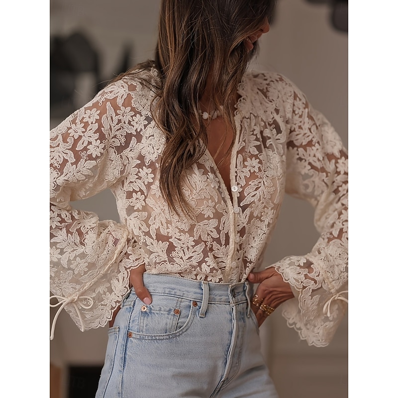Women's Lace Splicing Top Lace Patchwork Solid Color Stylish Casual Long Sleeve V Neck Regular Tops Daily Beige Summer Spring 2026 - $37.99