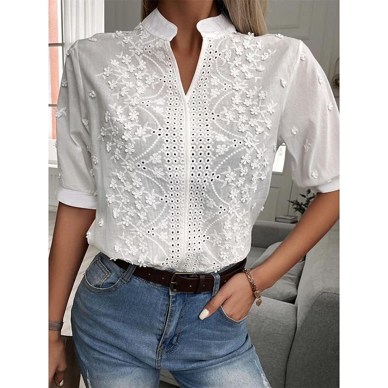 Women's Shirt Lace Shirt Blouse Dressy Tops Eyelet Lace Plain Basic Modern V Neck Daily Street White Summer 2026 - $28.99