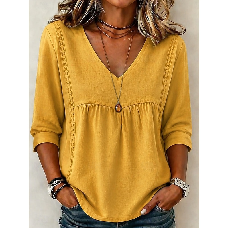 Women's Shirt Solid Color Plain Bohemia Vacation Vintage V Neck Long Tops Casual Blue White Black Yellow Pink Summer Spring 2026 - $24.99