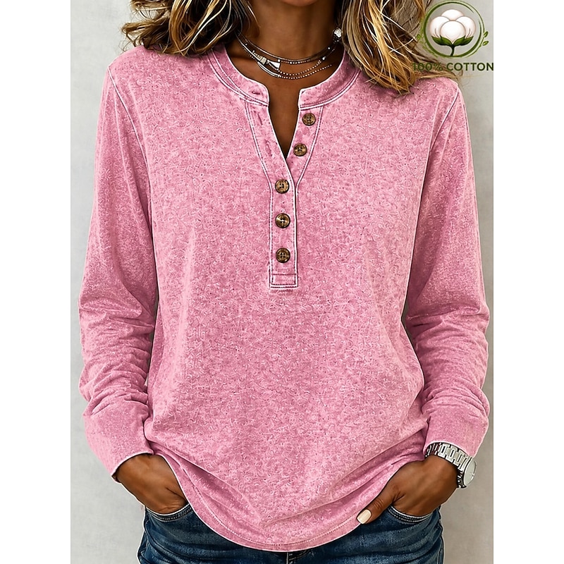 Women's Washed Cotton 100% Cotton Henley Shirt Acid Wash Vintage Washed Plain Vintage Fashion Stylish Sleeveless Short Sleeve Long Sleeve Henley Regul