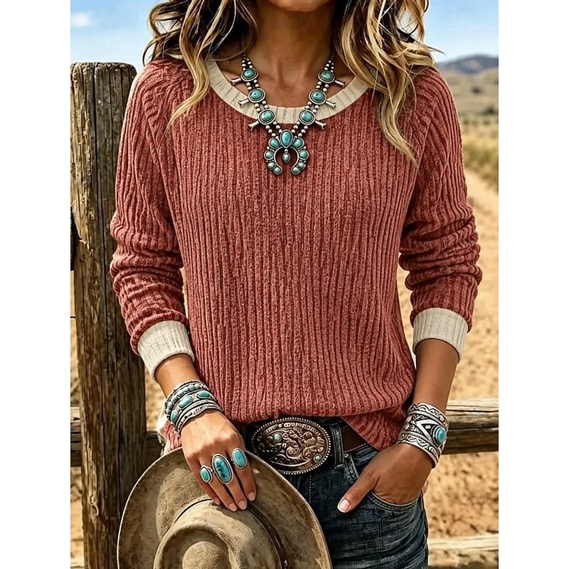 Women's Texture Blouse Textured Knit Tops Ribbed Knit Tops Elegant Vintage Ethnic Long Sleeve Crew Neck Long Tops Casual Daily Going out Rust Red Spri