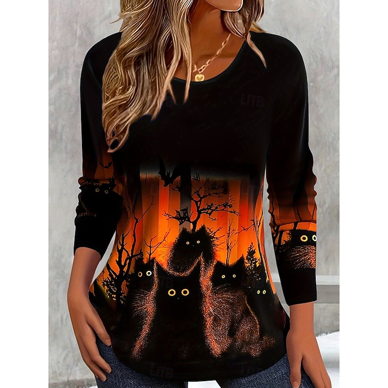 Halloween Women's Black Cat Spooky Forest Graphic T Shirt Glowing Eyes Bat Print Long Sleeve Crew Neck Casual Top Black Orange 2026 - $25.99
