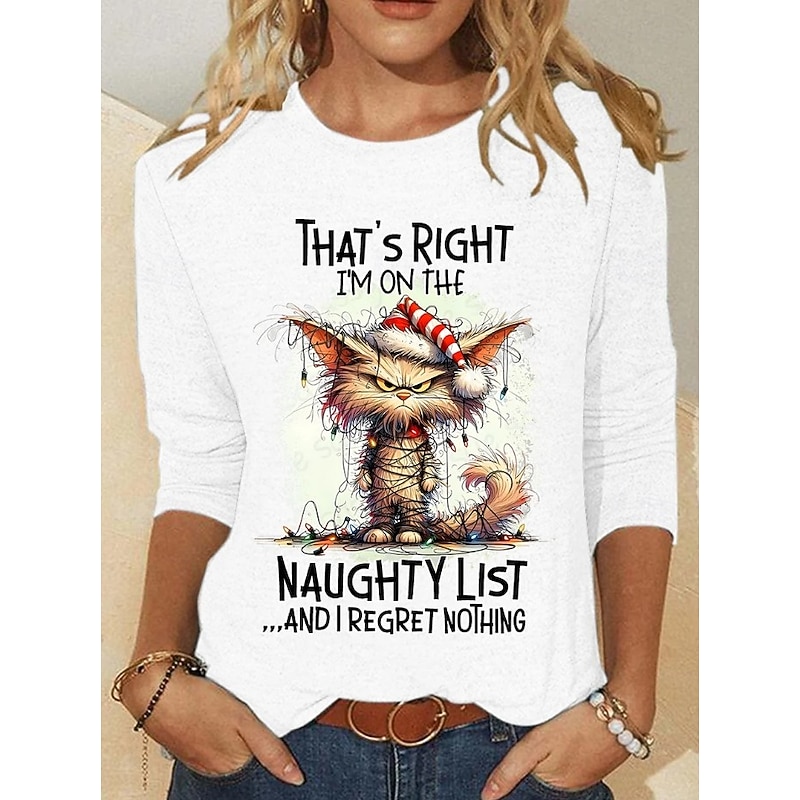 Christmas Women's T Shirt Print Graphic Animal Cat Vintage Fashion Stylish Long Sleeve Crew Neck Round Neck Regular Tops Daily Weekend Blue Black Whit