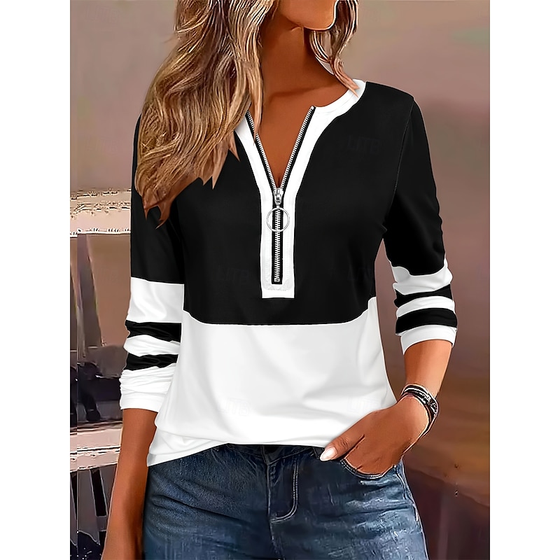 Women's T shirt Long Sleeve Graphic Color Block Striped Elegant Vintage Stylish Long Sleeve V Neck Regular Tops Daily Weekend Zipper Print Black Red R
