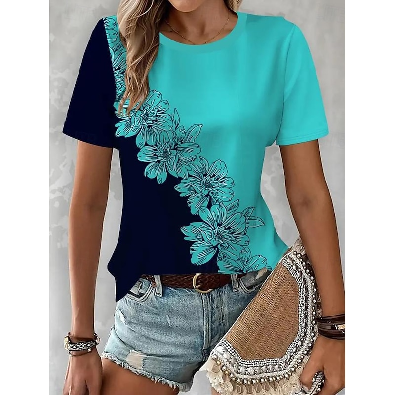Women's T Shirt Casual Print Short Sleeve Regular Tops Daily Black Pink Blue Sky Blue Summer 2026 - $24.99