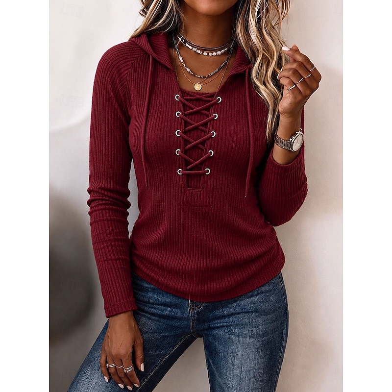 Women's Stylish Cozy Ribbed Knitted Texture Lace up Long Sleeve Hooded Tight Tops Regular Tops Casual Wine Army Green Fall Winter 2026 - $34.99