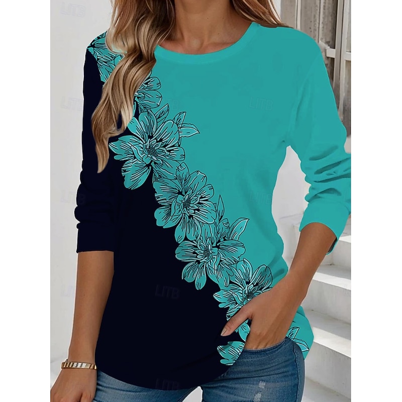 Women's T shirt Long Sleeve Crew Neck Long Sleeve Tunic Floral Graphic Plants Vintage Stylish Classic Round Neck Regular Tops Daily Weekend Print Yell