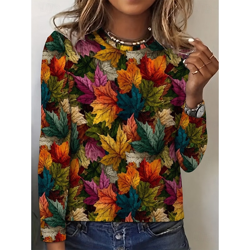Women's T Shirt Floral Graphic Plants Vintage Fashion Stylish Long Sleeve Crew Neck Round Neck Regular Tops Daily Weekend Print Brown Spring Fall Wint
