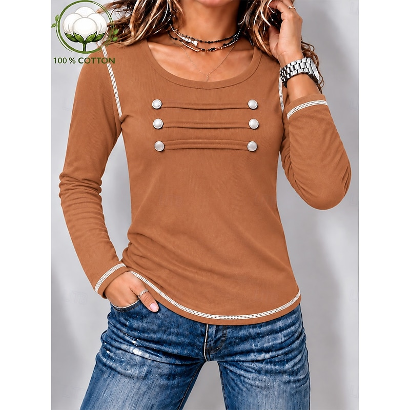 Women's Cotton Shirt Patchwork Buttons Solid Color Active Vintage Fashion Long Sleeve Crew Neck Regular Tops Casual Daily Streetwear Black Pink Light