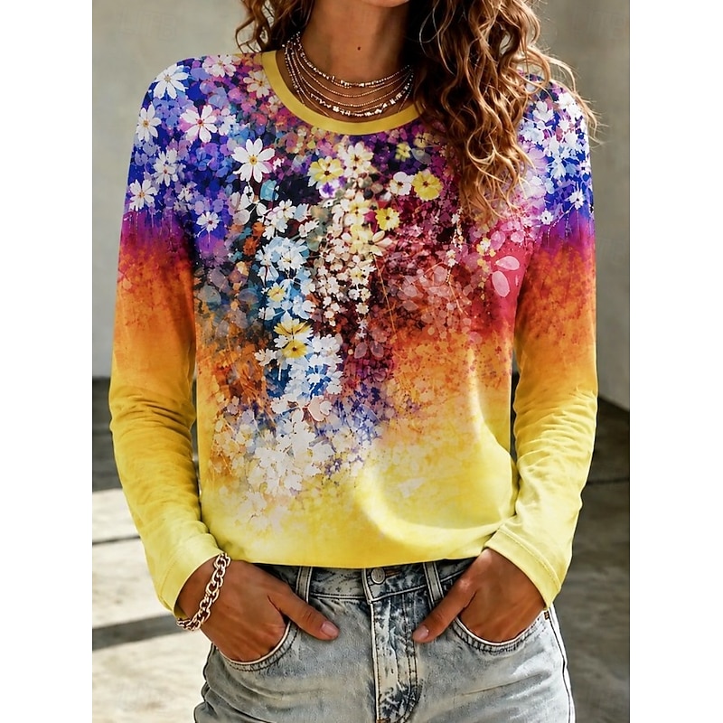 Women's T Shirt Print Floral Graphic Fashion Stylish Classic Long Sleeve Crew Neck Regular Tops Casual Daily Weekend White Black Yellow Red Green Summ