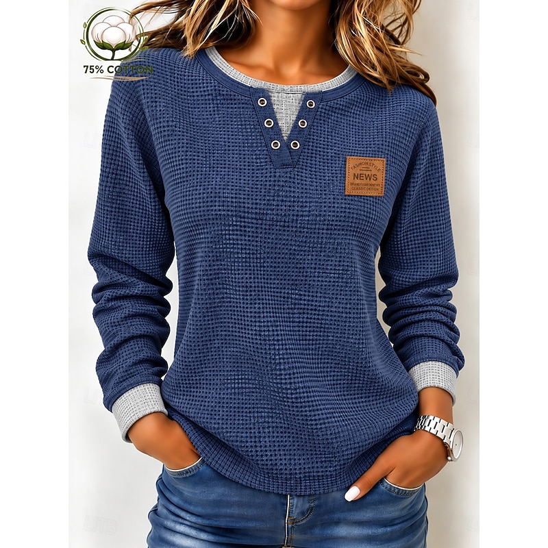 Women's Textured Knit Tops T Shirt Waffle Knit Tops Vintage Fashion Stylish Long Sleeve Henley Regular Tops Casual Going out Vacation Wear Blue Black
