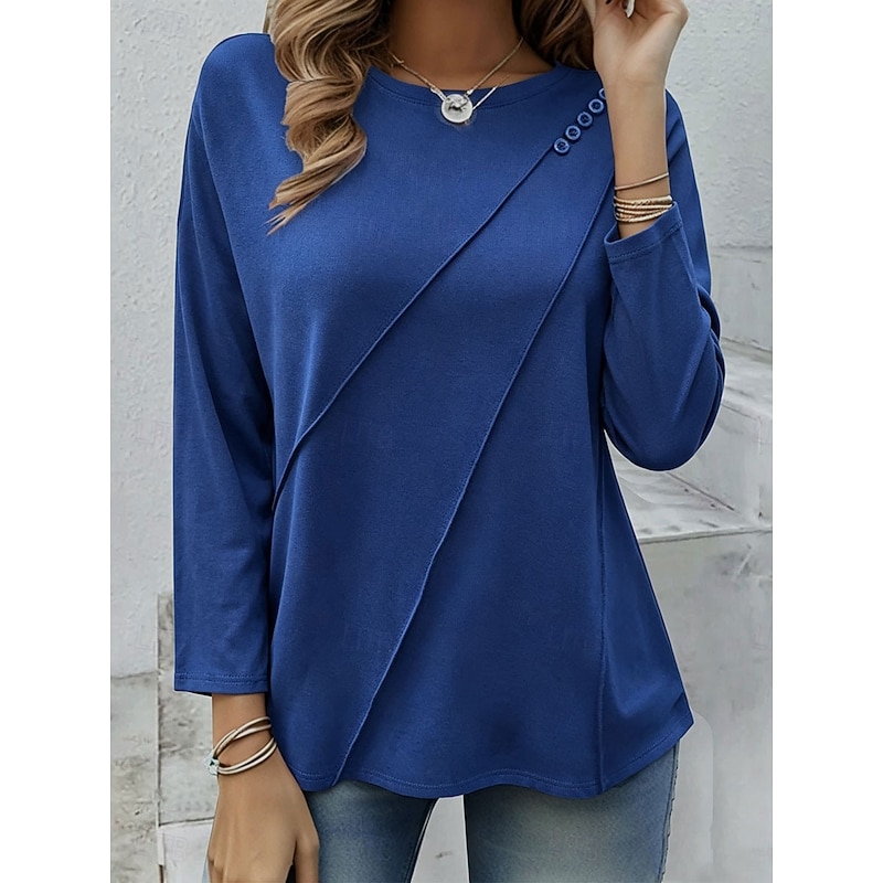 Women's T shirt Long Sleeve Solid Color Stylish Casual Long Sleeve Crew Neck Regular Tops Daily Buttons Black Yellow Red Blue  Spring Prefall 2026 - $