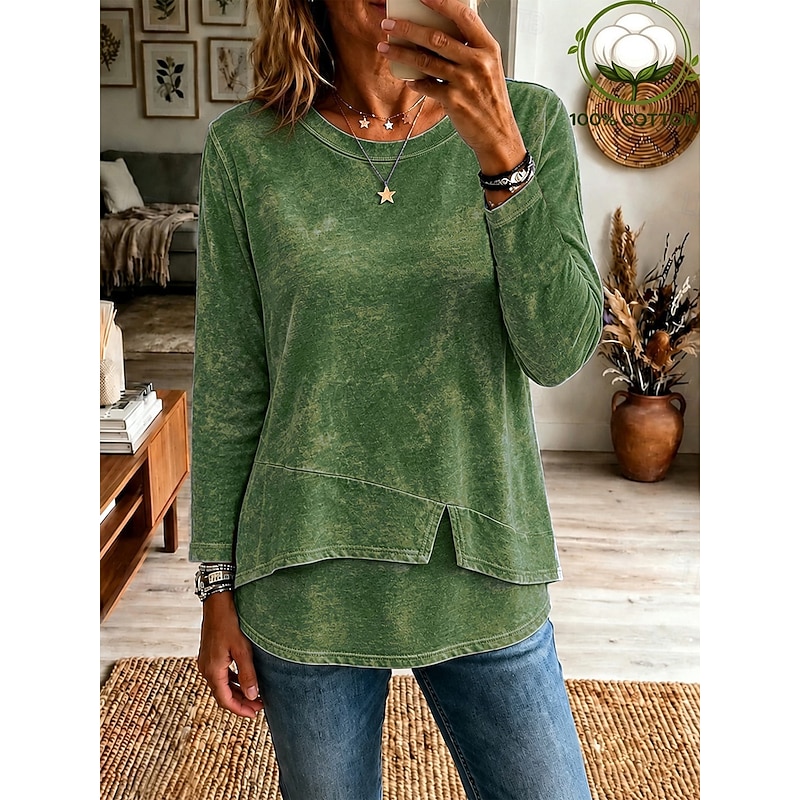 Women's Washed Cotton 100% Cotton Layered Top T Shirt Solid Color Stylish Casual Long Tops Casual Daily Blue Orange Green Summer Spring Fall 2026 - $3