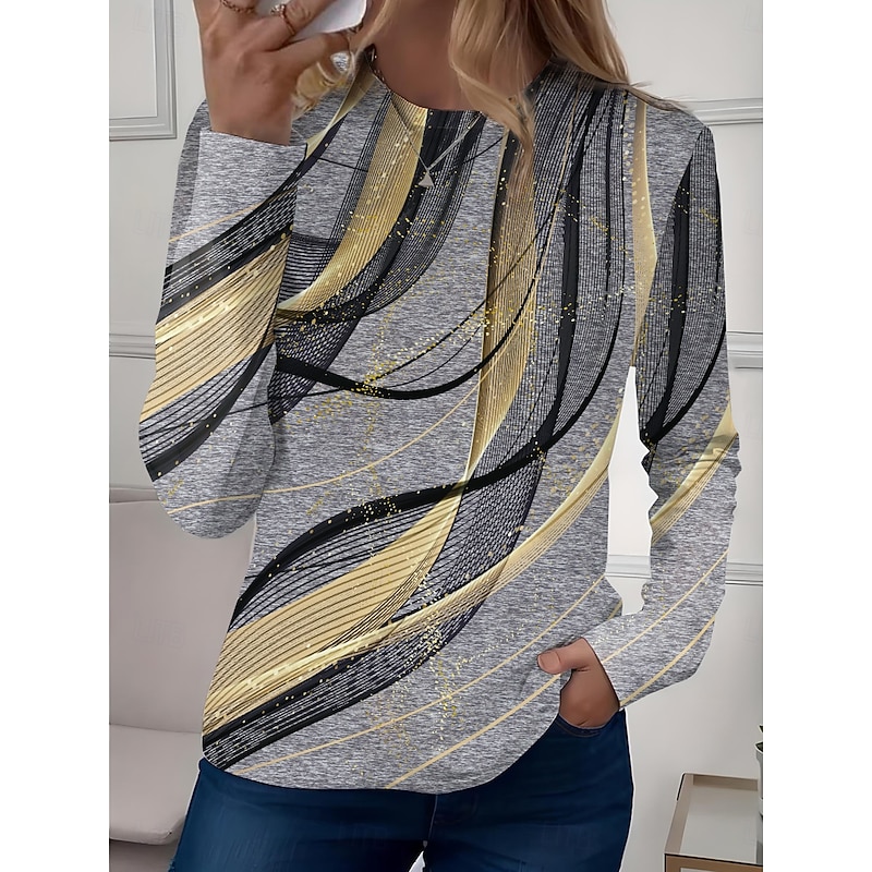 Women's T shirt Long Sleeve Crew Neck Long Sleeve Tunic Graphic Geometric Vintage Stylish Classic Round Neck Regular Tops Daily Print White Pink Green