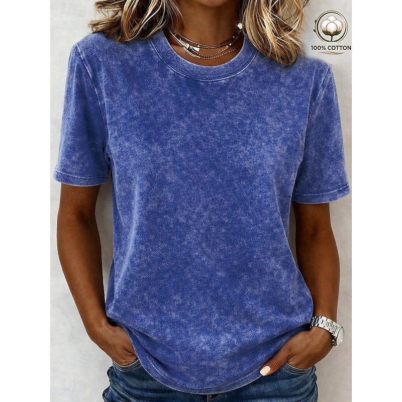 Women's 100% Cotton T Shirt Cotton Shirt Vintage Washed Tops Plain Vintage Fashion Stylish Short Sleeve Crew Neck Regular Tops Daily Going out Weekend
