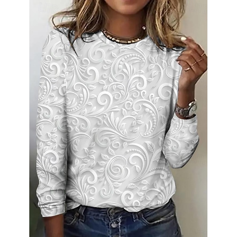 Women's T shirt Long Sleeve Crew Neck Long Sleeve Tunic 3D Print Floral Elegant Vintage Regular Tops Daily Going out Weekend Print Pearl Prefall 2026