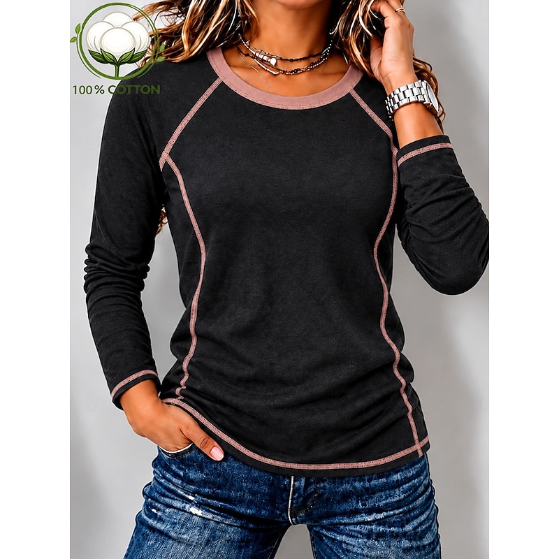 Women's Cotton Shirt Patchwork Solid Color Active Vintage Fashion Long Sleeve Crew Neck Regular Tops Casual Daily Streetwear Black Brown Green Summer